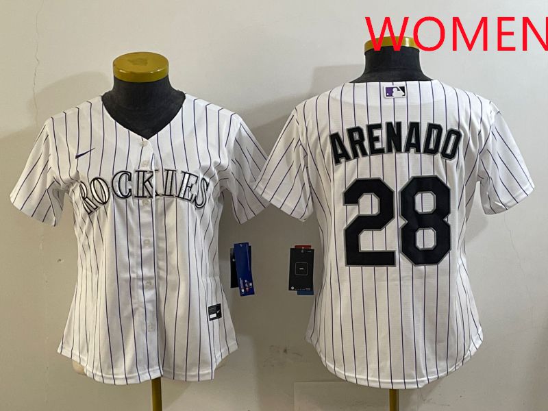 Women Colorado Rockies #28 Arenado White Stripe Game 2025 Nike MLB Jersey style 1
